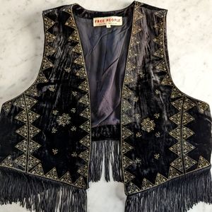 Free People Velvet Fringe Vest, Black, Medium